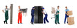 © New Africa - Mover service workers with different household items and boxes. Collage of men on white background