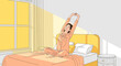 © nadia - Illustration of a woman stretching in bed in the morning, waking up refreshed and starting the day