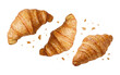 © Kathryn - three golden croissants floating in the air with scattered crumbs against a transparent background, creating a dynamic and delicious composition.