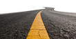 © 沈军 贡 - Asphalt road with yellow dividing line, showing cracks and texture. Curved perspective, emphasizing transportation infrastructure and travel journey themes.