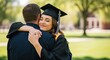 © soem - A young woman in a graduation cap and gown hugging a man on a college campus.