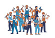 © Hello - Diverse group of construction workers standing together, holding various tools and equipment, in a flat illustration style