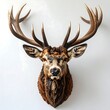 © Aaron - Deer head taxidermy, brown, antlers, on white wall. Detailed fur texture. Close shot of mounted wildlife