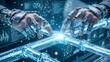 © Rusdan - Bionic hands interact with a glowing data pipeline in a complex digital environment, representing future technological advancements in artificial intelligence and big data processing