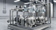 © Rajesh - Industrial stainless steel pump system with clear pipes and digital meters in a clean facility