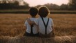 © CreativeInside - Two young children embracing warmly in golden sunset field