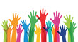© Lamiya - Graphic illustration of many colorful hands raised high together representing community diversity and solidarity.