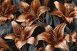 © adi - Close-up illustration of repeating brown lilies and gray leaves against a dark background