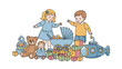 © Tumpa - Boy and girl stand together surrounded by a huge collection of toys including building blocks, a teddy bear, and a submarine.