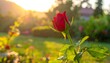 © Gah - Budding red rose with green leaves in warm sunlight against a garden background