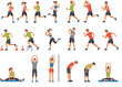 © MST HASMOTARA - Comprehensive flat vector icon set featuring gym members using treadmills, rowing machines, stationary bikes, and resistance bands for training.