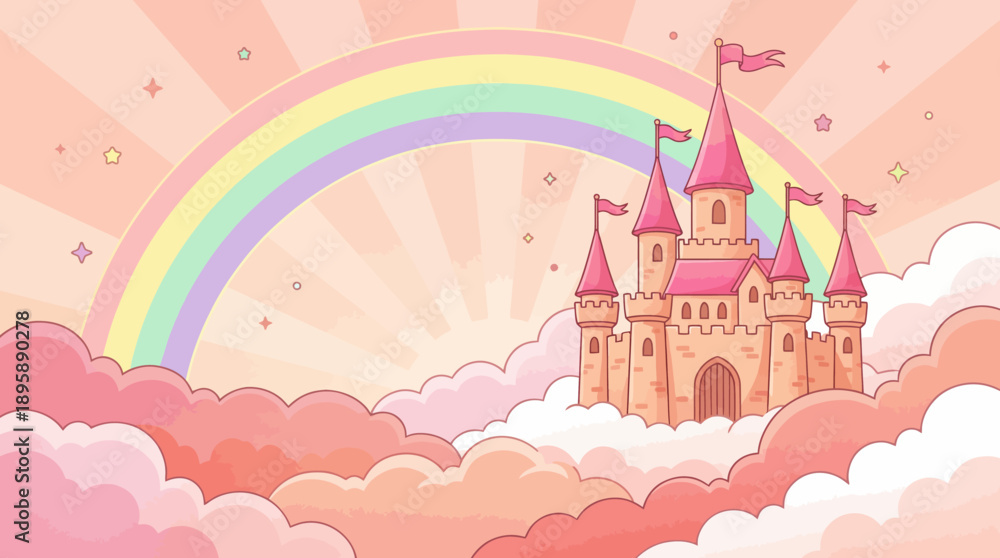Pastel floating castle among pink clouds with rainbow and sunburst, a magical fairy tale illustration for kids