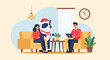 © biru - Couple and dog in festive attire enjoying home and technology