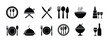 © Purnima - Restaurant and food silhouette icon set, dinner plate with cutlery symbol, catering service tray and kitchen utensil graphic, cafe dining and dessert, and more vector illustration with editable stroke