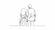 © Up - Continuous line drawing of a man and woman standing back to back holding hands on a white background with minimalist style.