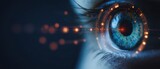 Futuristic biometric retina scanner concept. Macro human eye looking at glowing amber digital interface rings. Cyber security vision and artificial intelligence observation