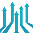© PictureXpress - 5 blue arrows pointing from ground level represent teamwork, cooperation and competition also business growth together, progress, optimism and trading profit