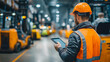 © Julia - Young supervisor reviewing maintenance schedule on tablet, warehouse floor near forklift, over-shoulder view, cool corporate lighting, reportage style, maintenance schedule planning, forklift upkeep