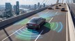 © Furkan - Autonomous Driving Vehicle on Modern City Bridge. Self Driving Technology, Advanced ADAS Systems, Artificial Intelligence Mobility, Smart Traffic Detection, Future Transportation Concept