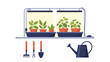 © James - Modern indoor gardening setup featuring potted plants under grow lights alongside a watering can and hand tools.
