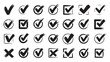 © Ratul GFX - Set hand drawn check mark, tick and cross brush signs, checkmark OK and X icons, symbols YES and NO button, checkbox chalk icons, sketch checkmarks, checklist marks - stock vector