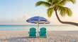 © PhotoArtHub - Two teal chair under striped umbrella on sunny beach, turquoise water, palm tree overhead, representing relaxation, vacation, summer, escape
