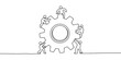 © Kanu Art_Gallery - Continuous line drawing of a team of tiny people working together to turn a large gear Vector, illustration