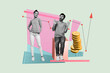 © deagreez - Collage poster of people shock sit golden coins arrows up on green background