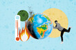 © deagreez - Trendy art creative full photo collage of happy guy push globe icon map fire burn high temperature world damage volunteer problem