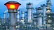 © devistudio - Red emergency siren light glows atop a weathered metal post at dusk with a large industrial refinery complex in the background