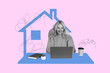 © deagreez - Art sketch image full 3d collage of happy old businesswoman sit workplace home remote work surf laptop freelancer manager realtor