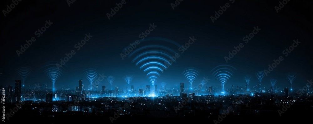 Smart city night skyline with glowing wifi signals, wireless network ...