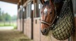 © andi - Horse eating hay in stable, looking out, stall, brown with white blaze