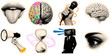 © DesignVectX - Pop art halftone sticker set close collage of tongue and split brain with colorful scribble accents microphone megaphone hourglass eye