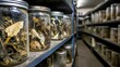 © Dewistudio - Collection of empty specimen jars with residue inside stored on shelves in a laboratory or storage room