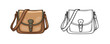 © Dzianis - Brown leather messenger bag in cartoon style with green trim and metal buckle closure representing vintage fashion or travel accessory on white background
