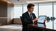 © HeaMin - Executive reviewing report on tablet in conference room with copy space