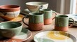 © Mamboo - A charming collection of handcrafted ceramic pottery, including textured bowls, rustic mugs, and uniquely painted plates, is beautifully arranged on a wooden table, showcasing artisanal craftsmanship,