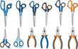 © MstRozinaAkter - Collection of various scissors and pliers vector icons including tailor shears craft scissors and professional gripping tools isolated on white background.