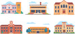 © Creative Art - School building illustration, educational architecture set, cartoon campus design, diverse school styles, learning environment graphic, academic structure art, colorful institutions