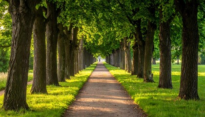  A serene tree-lined path bathed in golden sunlight, inviting a peaceful stroll.