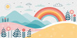 © MOSTTASLIMA - Pastel landscape illustration with rainbow mountains flowers and sunshine background for kids nursery wall art children book cover greeting card and playful design.ai