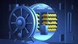 © DesignSells - Blue 3d render of a secure vault door opening to reveal gold bars in a high security treasure storage scene with cinematic lighting