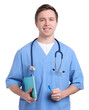 © New Africa - Portrait of medical assistant with notebooks on white background