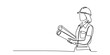 © Nikhil Ray - Continuous line drawing of a female engineer holding blueprints and wearing a hard hat