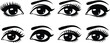 © Cansu - Black and white vector art of eight different stylized female human eyes with long eyelashes and shaped eyebrows in flat design style isolated on white background