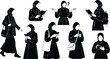 © Cansu - Monochrome vector art of diverse hijab woman reading book using smartphone holding bag standing and walking in various poses isolated on white background