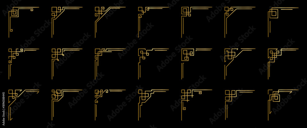 Gold geometric corner frames doodle set. Vintage angle border and ...