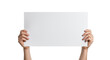 © Trudie - Pristine caucasian hands present a blank white horizontal sign on a seamless high-key studio background, Concept for minimalist advertising and communication