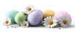 © fatimah - Pastel Easter eggs with white polka dots and daisies, arranged on a white background